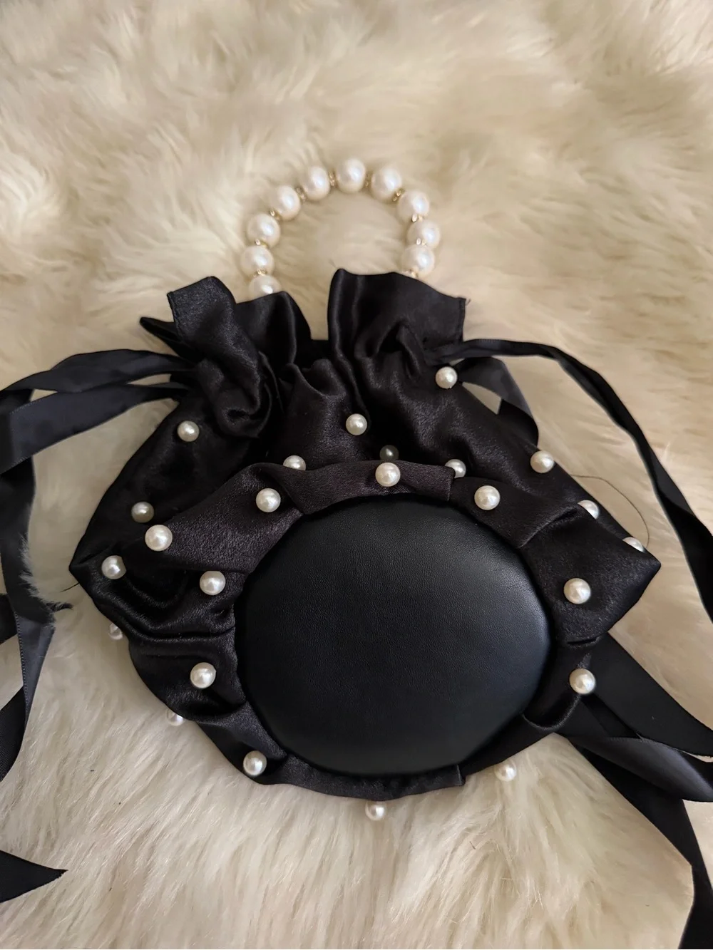 Pearl-Handle Black Satin Drawstring Satchel